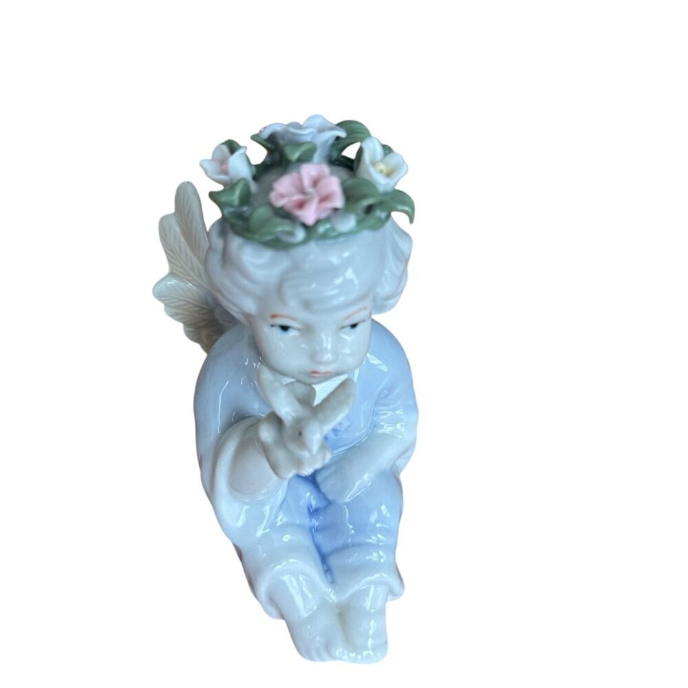 Porcelain Angel Cherub Crown Of  Flowers Holding Dove Bird Figurine Home Decor